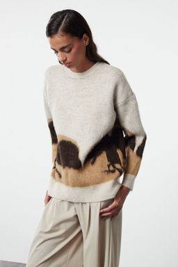 Bej Oversize Yumusak Dokulu Renk Bloklu Bisiklet Yaka Triko Kazak TWOAW25KZ00276