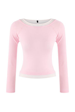 Pembe Vucuda Oturan Cift Gorunumlu Kay?k Yaka Uzun Kollu Pamuk Ribana Orme Bluz TWOSS26BZ00230