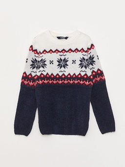 Bisiklet Yaka Desenli Uzun Kollu Erkek ?ocuk Triko Kazak