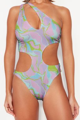 Soyut Desenli Tek Omuz Cut Out/Pencereli Normal Paca Mayokini TBESS23MA00002