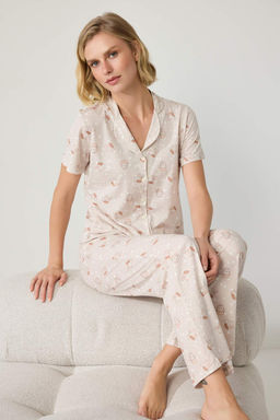 Bej %100 Pamuklu Kedi Desenli _rme Pijama Tak_m_ THMAW27PT00015 - Trendyolmilla фото 2