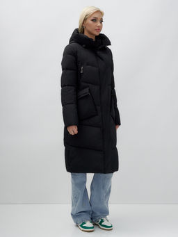 Пальто утепленное стеганное зимнее с капюшоном женское черного цвета 9639Ch - Mtforce фото 4