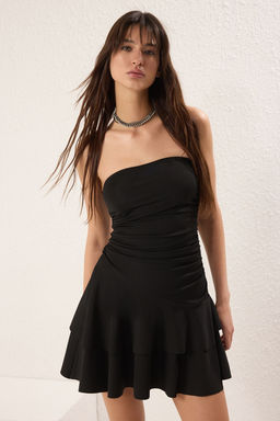 Siyah Straplez Orme Mini S?k Abiye Gece Mezuniyet Elbisesi TPRSS25EL00255