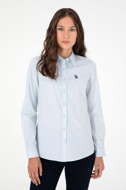 Рубашка женская U.S. Polo Assn с длинным рукавом голубая из хлопка и эластана  фото 10