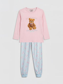 Bisiklet Yaka Bask?l? K?z ?ocuk Pijama Tak?m