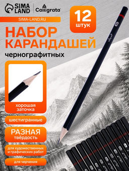 Набор карандашей чернографитных, 12 штук, твёрдость 2Н - 8В, гранённые, заточенные, в картонной коробке - Calligrata фото 11