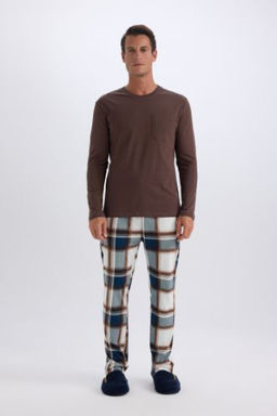 Regular Fit Pijama Tak?m? Bisiklet Yaka Uzun Kollu Ust Kareli Uzun Alt