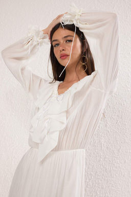 Ekru Beli Lastikli F?rf?rl? Boho Maxi Dokuma Elbise TWOSS25EL00864