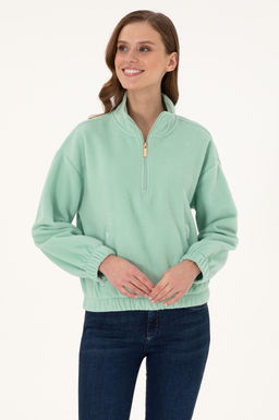 Женский флисовый свитшот зеленого цвета со стойкой на молнии Неожиданная скидка в корзине