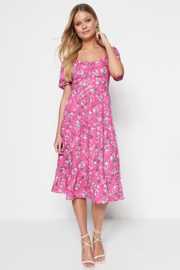 Pembe A Kesim Balon Kollu Cicek Desenli Midi Dokuma Elbise TWOSS20EL2323