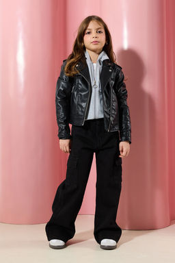 Siyah K?z Cocuk Wide Leg Kargo Cepli Pamuklu Denim Pantolon TKDSS24PL00001
