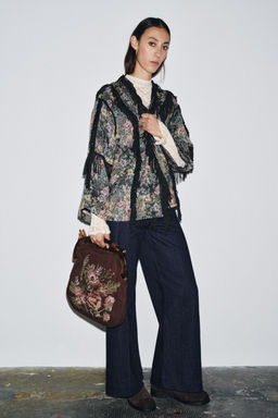 FLORAL JACQUARD FRINGED KIMONO