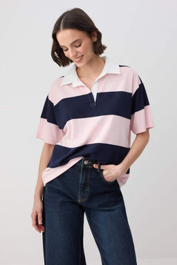 Wardrobe Essentials-Lacivert Cizgili Regular/Normal Kal?p %100 Pamuk Orme T-shirt TWOSS26TS00027