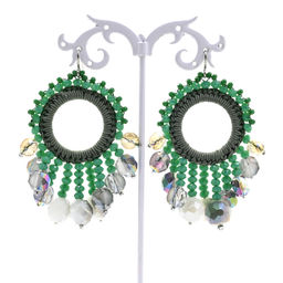 Серьги ручной работы с цирконами в оплетении цв.зеленый