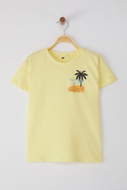 Sar? Erkek Cocuk %100 Pamuk Palmiye Bask?l? K?sa Kol Orme T-Shirt TKDSS25TS00088