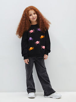 Bisiklet Yaka Bask?l? Uzun Kollu K?z ?ocuk Sweatshirt