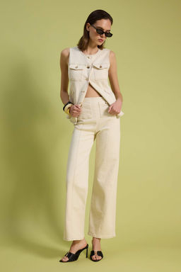 Ekru Dugme Detayl? Orta Esnek Yuksek Bel Wide Leg Jeans TWOSS26JE00166 - Trendyolmilla фото 4