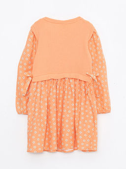 Bisiklet Yaka Bask?l? Uzun Kollu K?z ?ocuk Elbise