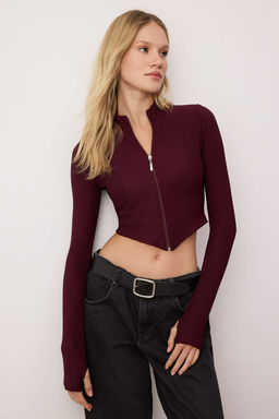 Bordo Ottoman Fermuarl? Dik Yaka Esnek Vucuda Oturan Orme Bluz TWOAW26BZ00307