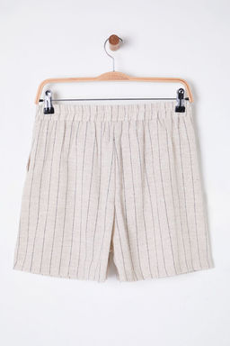 TRENDYOLMILLA Bej Keten Gorunumlu Cizgili Arka Beli Lastikli Diz Boy Dokuma Sort TWOSS25SR00022  фото 10