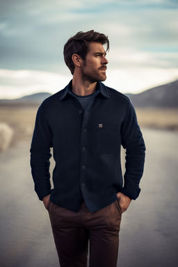 TRENDYOL MAN Lacivert Oversize Fit Gomlek Yaka Etiket Detayl? Kase Gomlek TMNAW24GO00015