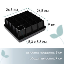 Набор для рассады: пластиковая вставки на 16 ячеек, по 130 мл, пластиковый чёрный поддон, 26.5×26.5×3 см