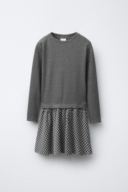 RIBBED COMBINATION DRESS WITH CHECK SKIRT