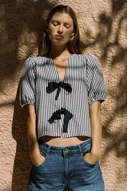 LINEN BLEND TIE BLOUSE