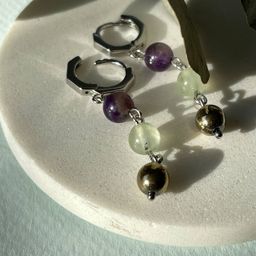 Серьги тройные из Аметиста, Пренита и Халькопирита