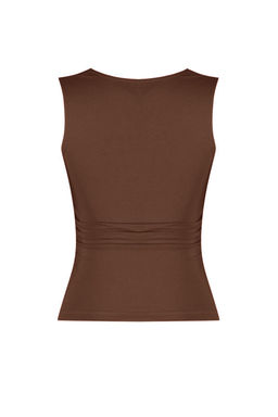 Kahverengi Duz Kare Yaka Ask?l? Buzgulu Fitted/Vucuda Oturan Esnek Orme Bluz TWOSS24BZ00400