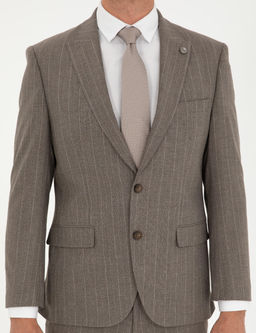 A__k Kahverengi Slim Fit _izgili Tak_m Elbise