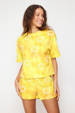 Sar? %100 Pamuklu Gunes Desenli Sortlu Orme Pijama Tak?m? THMSS24PT00108