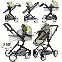 Коляская кукольная металлическая, прогулочная, с корзиной, серо-зеленая