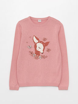 Bisiklet Yaka Desenli Uzun Kollu K?z ?ocuk Triko Kazak