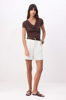 Kahverengi Fitted/Vucuda Oturan Degaje Yaka K?sa Kollu Yumusak Orme Bluz TWOSS26BZ00729 - Trendyolmilla фото 2