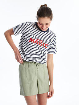 Bisiklet Yaka ?izgili K?sa Kollu Kad?n Ti??rt