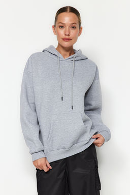Gri Melanj Kal?n Ici Polarl? Oversize/Genis Kal?p Kapusonlu Basic Orme Sweatshirt TWOAW24SW00103