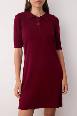 Bordo Renk Bloklu K?sa / Mini Polo Yaka Triko Elbise TWOAW26EL00105