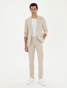 Bej Slim Fit _izgili Y_n Kar___ml_ Keten Tak_m Elbise