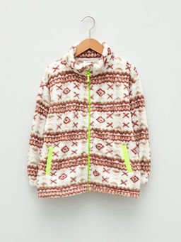 Dik Yaka Desenli Uzun Kollu Pel?? K?z ?ocuk Fermuarl? Sweatshirt