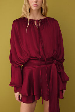 Bordo Baglama Detayl? Boho Dokuma Saten Mini Ici Sortlu Elbise TPRAW26EL00039