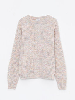 Bisiklet Yaka Sa? ?rg?s? Desenli Uzun Kollu K?z ?ocuk Triko Kazak