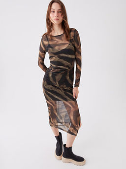 Bisiklet Yaka Desenli Uzun Kollu Elbise