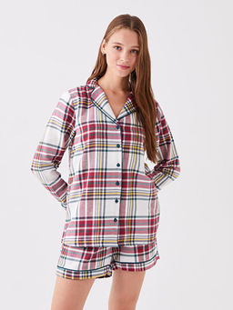 G?mlek Yaka Ekose Uzun Kollu Kad?n ?ortlu Pijama Tak?m?