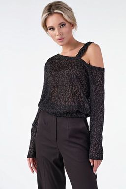 Джемпер трикотажный нарядный на одно плечо черный