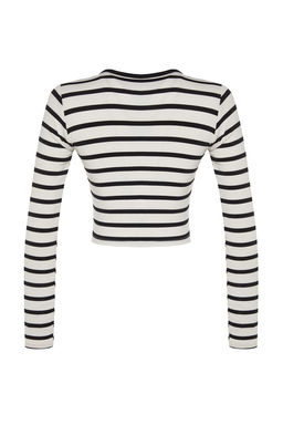 Siyah Cizgili Premium Viskoz Yumusak Kumasl? Fitted Crop Esnek Orme Bluz TWOAW24BZ00048