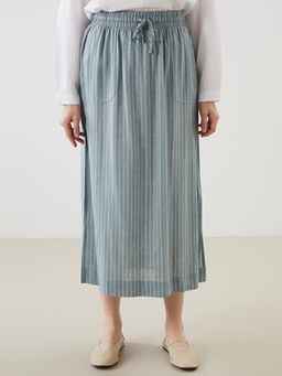 Beli Lastikli ?izgili Keten Kar???ml? Etek