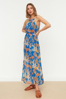 Lacivert Halter Yaka A Kesim Y?rtmacl? Astarl? Maxi Sifon Dokuma Elbise TWOSS20EL1297