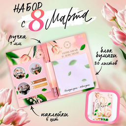 Подарочный набор, блок бумаги 30 л, ручка синяя паста 1.0 мм, наклейки 5 шт.«С 8 Марта»