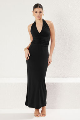 Siyah V Yaka B_zg_/Drape Detayl_ Bodycone/V_cuda Oturan Esnek Maxi _rme Elbise TWOSS25EL00096